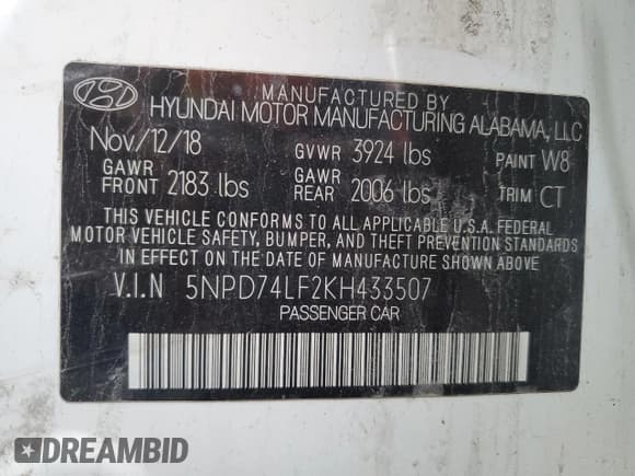 ✅ 2019 Hyundai Elantra SE • VIN: 5NPD74LF2KH433507 • Lot: 92826305. Listed on Copart with 111,627 mi. Free auction sales archive from the USA and detailed vehicle history report at DreamBid. Image 13.