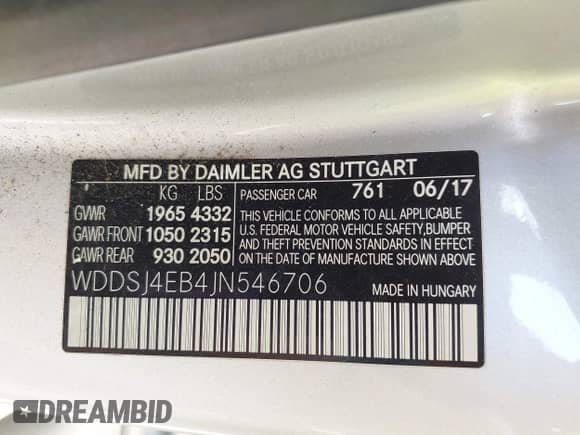 2018 Mercedes-Benz CLA 250 with VIN WDDSJ4EB4JN546706, listed as a IAAI auction lot 42393618 with 62,138 mi miles and . Bid and sale history available at DreamBid. Image 9.