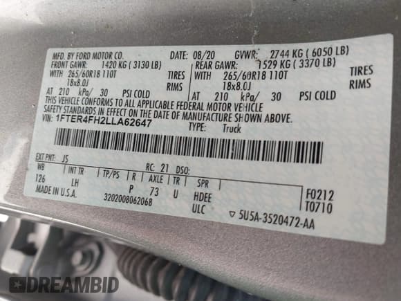 ✅ 2020 Ford Ranger XL • VIN: 1FTER4FH2LLA62647 • Lot: 42412749. Listed on IAAI with 52,956 mi. Free auction sales archive from the USA and detailed vehicle history report at DreamBid. Image 9.