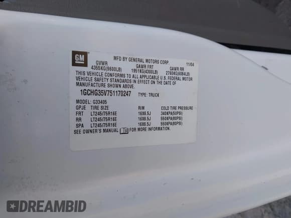 ✅ 2005 Chevrolet Express Cargo • VIN: 1GCHG35V751170247 • Lot: 43539662. Listed on IAAI with 259,133 mi. Free auction sales archive from the USA and detailed vehicle history report at DreamBid. Image 9.