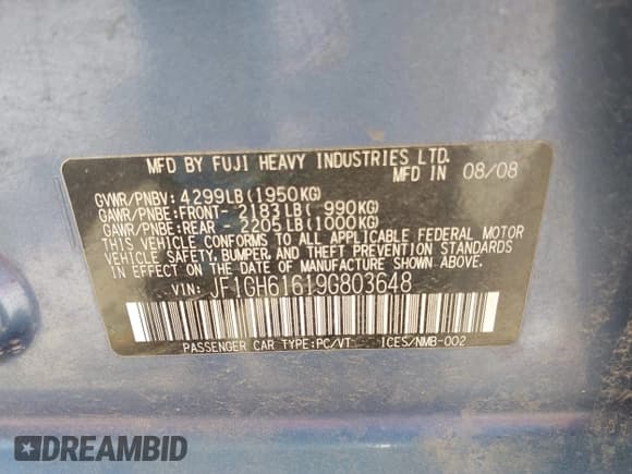 ✅ 2009 Subaru Impreza i • VIN: JF1GH61619G803648 • Лот: 42323019. Опубликован ранее на IAAI с пробегом 99 767 миль. Бесплатный доступ к архиву аукционных продаж из США и подробный отчёт об истории автомобиля на DreamBid. Изображение 9.