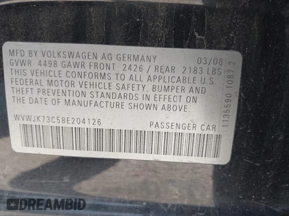 ✅ 2008 Volkswagen Passat Turbo • VIN: WVWJK73C58E204126 • Лот: 43801876. Опубликован ранее на IAAI с пробегом 261 009 миль. Бесплатный доступ к архиву аукционных продаж из США и подробный отчёт об истории автомобиля на DreamBid. Изображение 9.