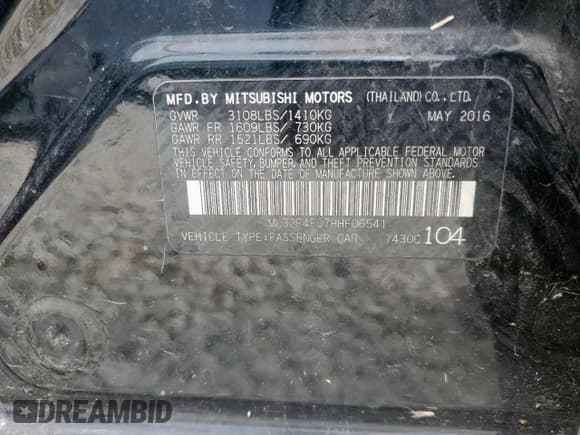 ✅ 2017 Mitsubishi Mirage SE • VIN: ML32F4FJ7HHF06541 • Lot: 64665815. Listed on Copart with 160,064 mi. Free auction sales archive from the USA and detailed vehicle history report at DreamBid. Image 12.