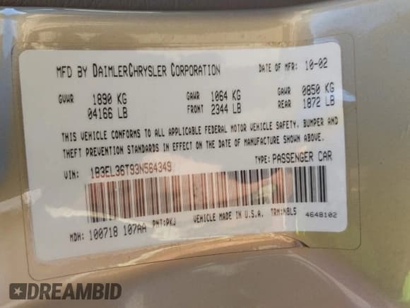 ✅ 2003 Dodge Stratus SE • VIN: 1B3EL36T93N564349 • Lot: 43606939. Wystawiony na IAAI z przebiegiem 27 053 mil. Bezpłatny archiwum sprzedaży aukcyjnych z USA i szczegółowy raport historii pojazdu na DreamBid. Zdjęcie 9.