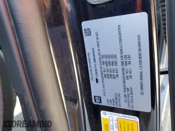 2021 Chevrolet Tahoe High Country с VIN 1GNSKTKLXMR405643, выставлен на аукционе Copart как лот 68198675 с пробегом 51 399 миль миль и Списание • Salvage title. История ставок и продаж доступна на DreamBid. Изображение 13.