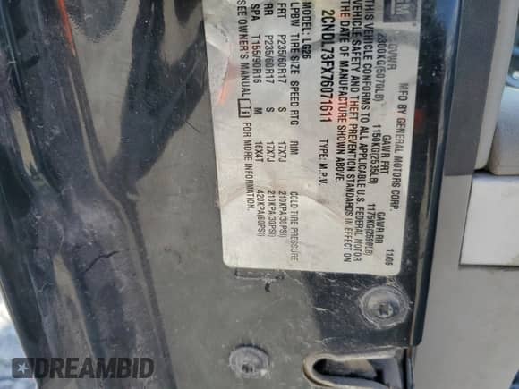 2007 Chevrolet Equinox LT с VIN 2CNDL73FX76071611, выставлен на аукционе Copart как лот 76143824 с пробегом 187 817 миль миль и Списание • Salvage title. История ставок и продаж доступна на DreamBid. Изображение 14.