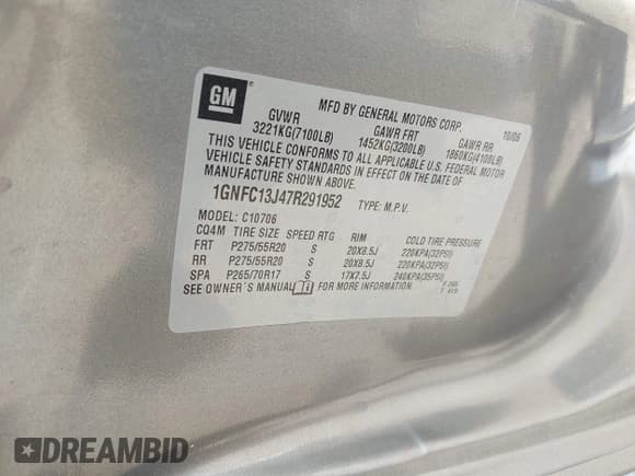 ✅ 2007 Chevrolet Tahoe LT • VIN: 1GNFC13J47R291952 • Lot: 43090791. Listed on IAAI with Not provided. Free auction sales archive from the USA and detailed vehicle history report at DreamBid. Image 9.