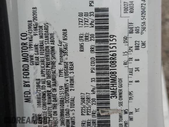 ✅ 2008 Mercury Milan Premier • VIN: 3MEHM08108R615159 • Лот: 68832895. Опубликован ранее на Copart с пробегом 128 068 миль. Бесплатный доступ к архиву аукционных продаж из США и подробный отчёт об истории автомобиля на DreamBid. Изображение 12.