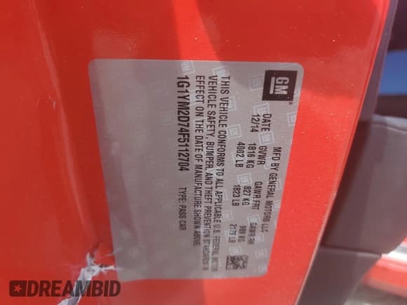 ✅ 2015 Chevrolet Corvette Z51 3LT • VIN: 1G1YM2D74F5112704 • Lot: 63633485. Listed on Copart with 78,579 mi. Free auction sales archive from the USA and detailed vehicle history report at DreamBid. Image 12.