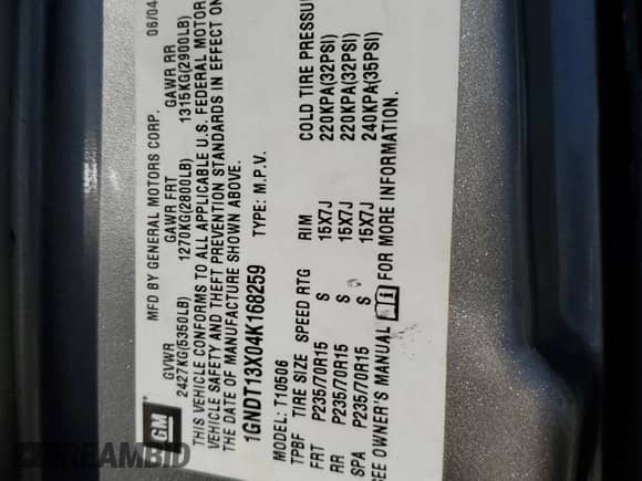 2004 Chevrolet Blazer LS z VIN 1GNDT13X04K168259, wystawiony jako Copart lot #74519744 z przebiegiem 126 248 mil mil oraz Szkoda całkowita • Salvage title. Historia ofert i sprzedaży dostępna na DreamBid. Obrazek 12.