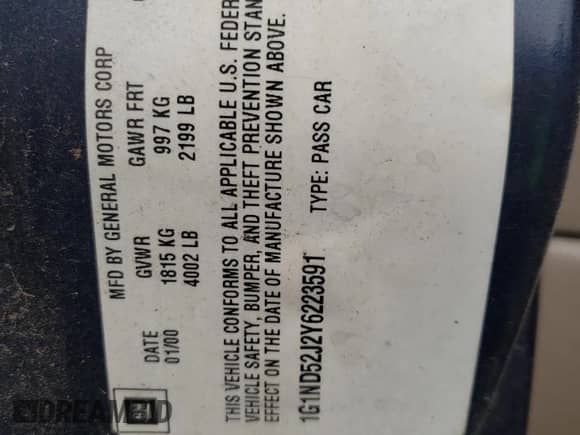 2000 Chevrolet Malibu with VIN 1G1ND52J2Y6223591, listed as a Copart auction lot 74291184 with 98,781 mi miles and Clean title. Bid and sale history available at DreamBid. Image 12.