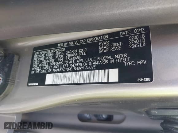 ✅ 2013 Volvo XC60 3.2L • VIN: YV4940DL0D2433700 • Lot: 43367070. Listed on IAAI with 195,246 mi. Free auction sales archive from the USA and detailed vehicle history report at DreamBid. Image 9.