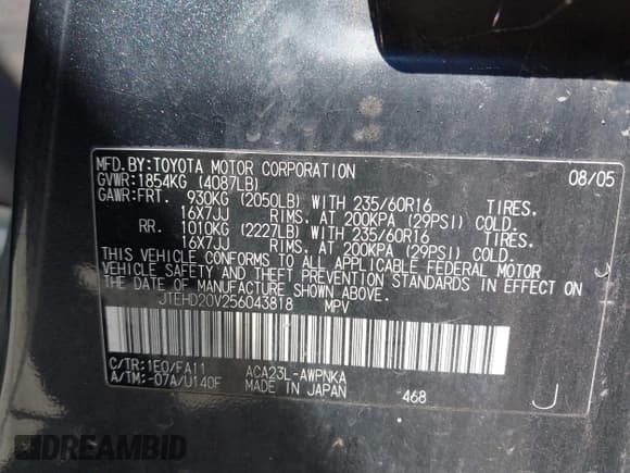 ✅ 2005 Toyota RAV4 • VIN: JTEHD20V256043818 • Lot: 43188590. Listed on IAAI with 190,017 mi. Free auction sales archive from the USA and detailed vehicle history report at DreamBid. Image 9.