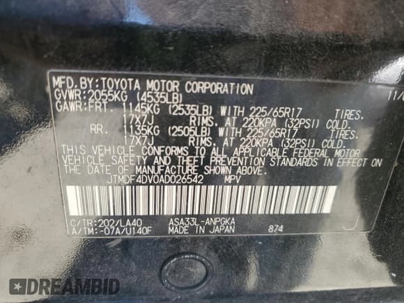 ✅ 2010 Toyota RAV4 Limited • VIN: JTMDF4DV0AD026542 • Lot: 91137295. Listed on Copart with 105,427 mi. Free auction sales archive from the USA and detailed vehicle history report at DreamBid. Image 13.