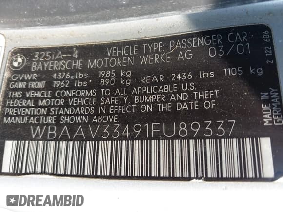 ✅ 2001 BMW 3 Series 325i • VIN: WBAAV33491FU89337 • Лот: 42575749. Опубликован ранее на IAAI с пробегом Не указан. Бесплатный доступ к архиву аукционных продаж из США и подробный отчёт об истории автомобиля на DreamBid. Изображение 9.