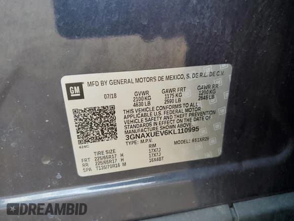 ✅ 2019 Chevrolet Equinox LT • VIN: 3GNAXUEV6KL110995 • Lot: 67672355. Listed on Copart with 41,117 mi. Free auction sales archive from the USA and detailed vehicle history report at DreamBid. Image 13.