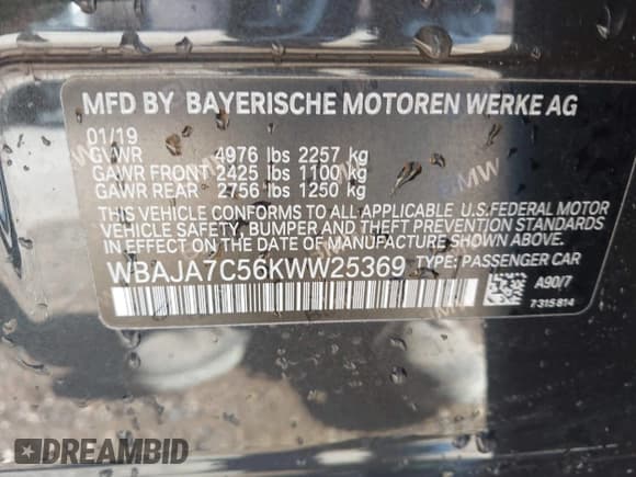 ✅ 2019 BMW 5 Series 530i xDrive • VIN: WBAJA7C56KWW25369 • Lot: 42539597. Listed on IAAI with 44,916 mi. Free auction sales archive from the USA and detailed vehicle history report at DreamBid. Image 9.