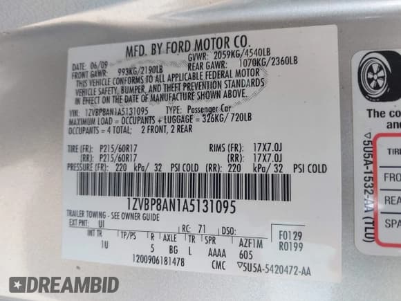 ✅ 2010 Ford Mustang V6 • VIN: 1ZVBP8AN1A5131095 • Lot: 42912658. Listed on IAAI with 141,335 mi. Free auction sales archive from the USA and detailed vehicle history report at DreamBid. Image 9.