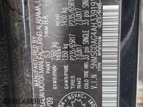 2010 Hyundai Santa Fe GL with VIN 5NMSGDAG4AH339191, listed as a Copart auction lot 65196395 with 176,730 mi miles and Clean title. Bid and sale history available at DreamBid. Image 13.