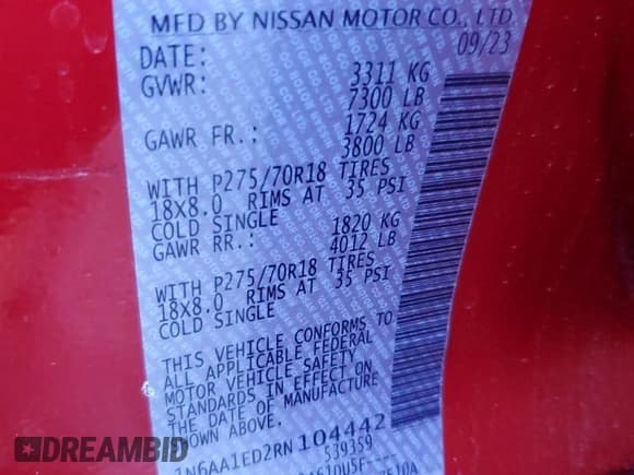 ✅ 2024 Nissan Titan Pro-4X • VIN: 1N6AA1ED2RN104442 • Lot: 90551035. Wystawiony na Copart z przebiegiem 26 116 mil. Bezpłatny archiwum sprzedaży aukcyjnych z USA i szczegółowy raport historii pojazdu na DreamBid. Zdjęcie 12.