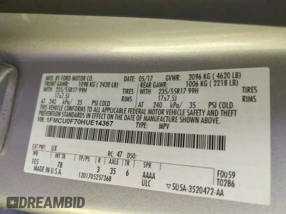 ✅ 2017 Ford Escape S • VIN: 1FMCU0F70HUE14367 • Lot: 42394849. Listed on IAAI with 112,026 mi. Free auction sales archive from the USA and detailed vehicle history report at DreamBid. Image 9.