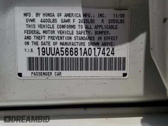 ✅ 2001 Acura TL • VIN: 19UUA56681A017424 • Lot: 62163525. Listed on Copart with Not provided. Free auction sales archive from the USA and detailed vehicle history report at DreamBid. Image 13.