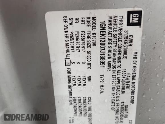 ✅ 2007 Chevrolet Tahoe LT • VIN: 1GNEK13007J138991 • Lot: 83954765. Wystawiony na Copart z przebiegiem 182 782 mil. Bezpłatny archiwum sprzedaży aukcyjnych z USA i szczegółowy raport historii pojazdu na DreamBid. Zdjęcie 13.