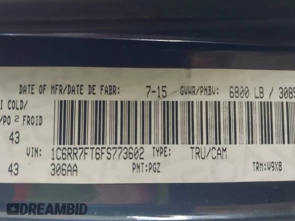 2015 Ram 1500 Tradesman with VIN 1C6RR7FT6FS773602, listed as a IAAI auction lot 42724529 with 144,900 mi miles and . Bid and sale history available at DreamBid. Image 9.