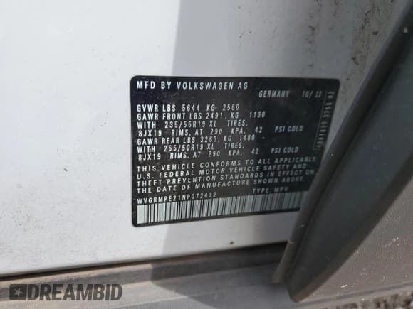 ✅ 2022 Volkswagen ID.4 Pro • VIN: WVGRMPE21NP072432 • Lot: 66491683. Listed on Copart with 7,371 mi. Free auction sales archive from the USA and detailed vehicle history report at DreamBid. Image 13.