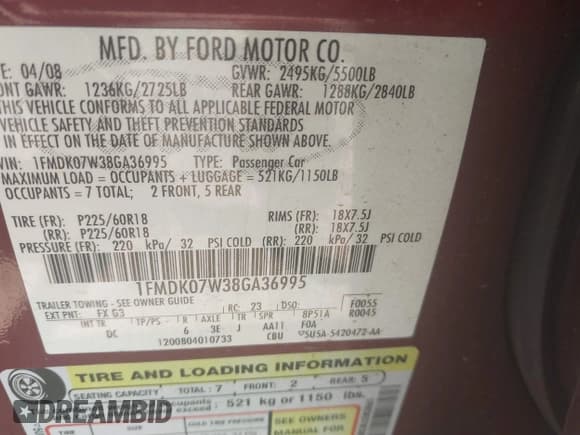 ✅ 2008 Ford Taurus X Eddie Bauer • VIN: 1FMDK07W38GA36995 • Lot: 43173896. Wystawiony na IAAI z przebiegiem 162 381 mil. Bezpłatny archiwum sprzedaży aukcyjnych z USA i szczegółowy raport historii pojazdu na DreamBid. Zdjęcie 9.