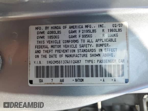 2007 Honda Accord VP with VIN 1HGCM56137A112487, listed as a Copart auction lot 68480145 with 259,172 mi miles and Salvage title. Bid and sale history available at DreamBid. Image 13.