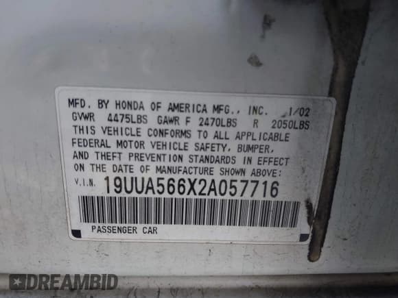 ✅ 2002 Acura TL • VIN: 19UUA566X2A057716 • Лот: 43713410. Опубликован ранее на IAAI с пробегом 104 579 миль. Бесплатный доступ к архиву аукционных продаж из США и подробный отчёт об истории автомобиля на DreamBid. Изображение 9.