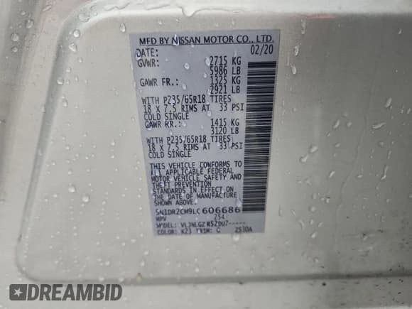 ✅ 2020 Nissan Pathfinder SL • VIN: 5N1DR2CM9LC606686 • Lot: 90059975. Wystawiony na Copart z przebiegiem 68 521 mil. Bezpłatny archiwum sprzedaży aukcyjnych z USA i szczegółowy raport historii pojazdu na DreamBid. Zdjęcie 13.