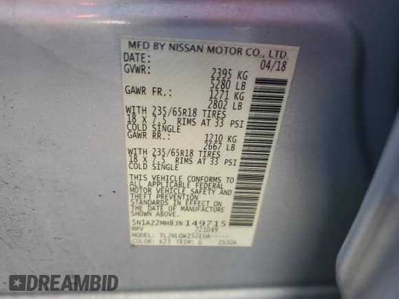 2018 Nissan Murano SV with VIN 5N1AZ2MH8JN149715, listed as a Copart auction lot 85261385 with Not provided miles and Salvage title. Bid and sale history available at DreamBid. Image 13.