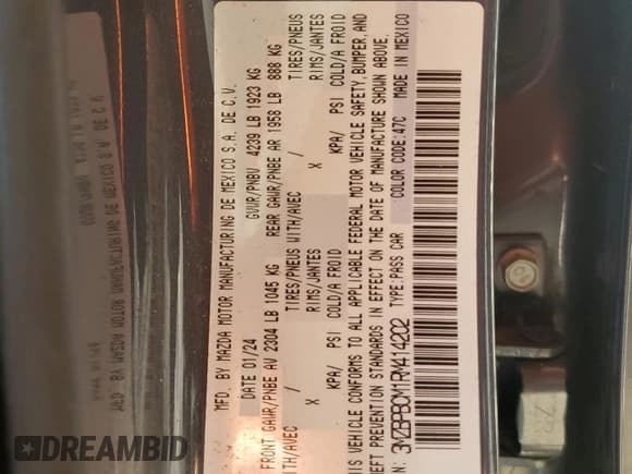 ✅ 2024 Mazda 3 S Carbon Edition • VIN: 3MZBPBCM1RM414202 • Lot: 92866385. Listed on Copart with Not provided. Free auction sales archive from the USA and detailed vehicle history report at DreamBid. Image 12.