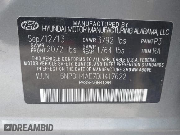 ✅ 2013 Hyundai Elantra Limited • VIN: 5NPDH4AE7DH417622 • Lot: 43281229. Listed on IAAI with Not provided. Free auction sales archive from the USA and detailed vehicle history report at DreamBid. Image 9.