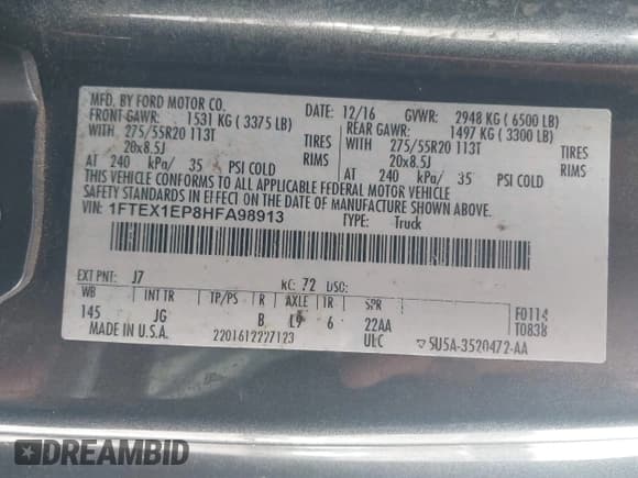 ✅ 2017 Ford F-150 XL • VIN: 1FTEX1EP8HFA98913 • Lot: 42807462. Listed on IAAI with 54,516 mi. Free auction sales archive from the USA and detailed vehicle history report at DreamBid. Image 9.