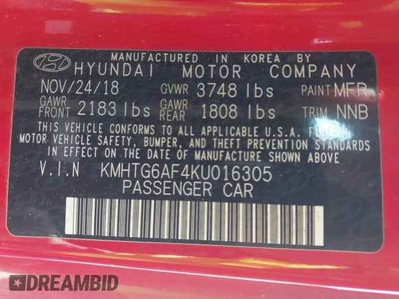 2019 Hyundai Veloster Premium with VIN KMHTG6AF4KU016305, listed as a IAAI auction lot 41016439 with 80,676 mi miles and . Bid and sale history available at DreamBid. Image 9.