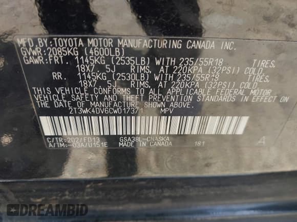 ✅ 2012 Toyota RAV4 Sport • VIN: 2T3WK4DV6CW017371 • Lot: 42785293. Listed on IAAI with 114,765 mi. Free auction sales archive from the USA and detailed vehicle history report at DreamBid. Image 9.