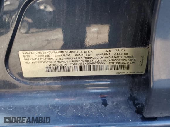 ✅ 2008 Volkswagen Jetta SE • VIN: 3VWRM71K88M078665 • Lot: 82340585. Listed on Copart with 170,684 mi. Free auction sales archive from the USA and detailed vehicle history report at DreamBid. Image 12.