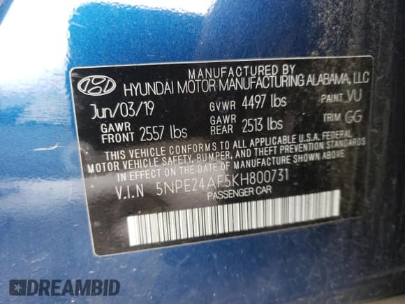 ✅ 2019 Hyundai Sonata SE • VIN: 5NPE24AF5KH800731 • Lot: 36005163. Listed on Copart with 39,763 mi. Free auction sales archive from the USA and detailed vehicle history report at DreamBid. Image 15.