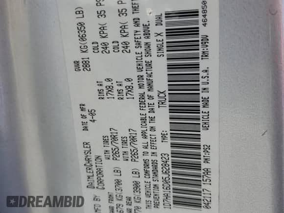 2005 Dodge 1500 SLT z VIN 1D7HA16D05J628423, wystawiony jako Copart lot #68892375 z przebiegiem Nie podano mil oraz Szkoda całkowita • Salvage title. Historia ofert i sprzedaży dostępna na DreamBid. Obrazek 12.