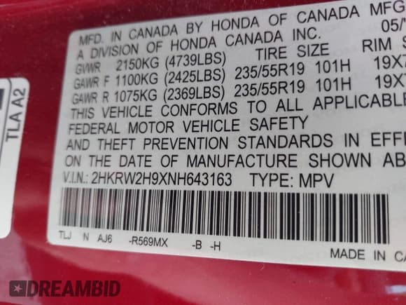 ✅ 2022 Honda CR-V Touring • VIN: 2HKRW2H9XNH643163 • Лот: 42453621. Опубликован ранее на IAAI с пробегом 41 713 миль. Бесплатный доступ к архиву аукционных продаж из США и подробный отчёт об истории автомобиля на DreamBid. Изображение 9.