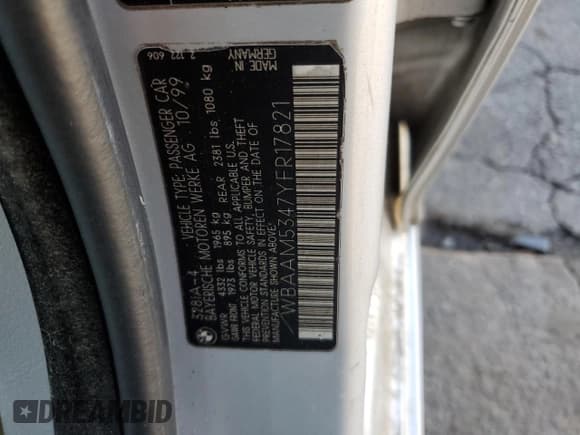 ✅ 2000 BMW 3 Series 328i • VIN: WBAAM5347YFR17821 • Lot: 93052385. Wystawiony na Copart z przebiegiem 212 346 mil. Bezpłatny archiwum sprzedaży aukcyjnych z USA i szczegółowy raport historii pojazdu na DreamBid. Zdjęcie 12.