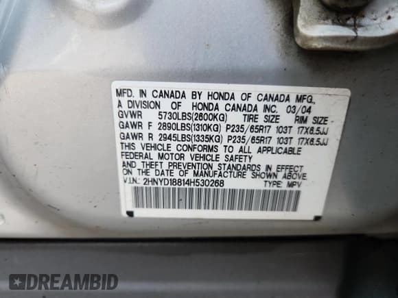 ✅ 2004 Acura MDX Touring • VIN: 2HNYD18814H530268 • Lot: 69458095. Listed on Copart with 190,083 mi. Free auction sales archive from the USA and detailed vehicle history report at DreamBid. Image 13.