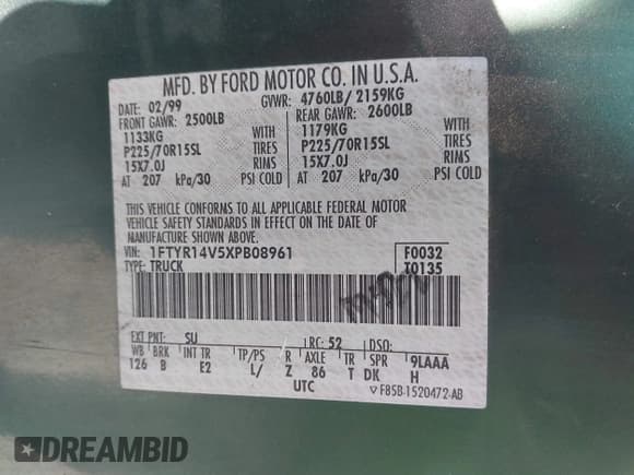 ✅ 1999 Ford Ranger XL • VIN: 1FTYR14V5XPB08961 • Лот: 42897272. Опубликован ранее на IAAI с пробегом 131 796 миль. Бесплатный доступ к архиву аукционных продаж из США и подробный отчёт об истории автомобиля на DreamBid. Изображение 9.