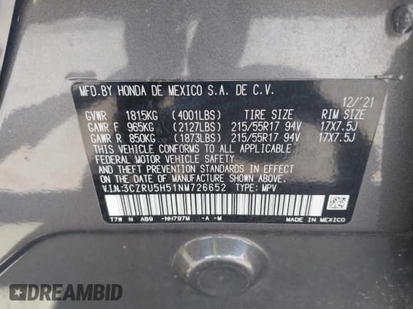 ✅ 2022 Honda HR-V EX • VIN: 3CZRU5H51NM726652 • Lot: 42884570. Listed on IAAI with 100,368 mi. Free auction sales archive from the USA and detailed vehicle history report at DreamBid. Image 9.