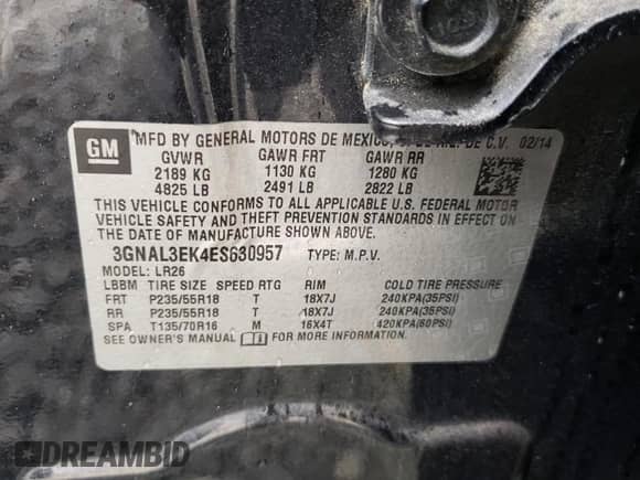 2014 Chevrolet Captiva Sport LT с VIN 3GNAL3EK4ES630957, выставлен на аукционе Copart как лот 73025994 с пробегом 85 144 миль миль и Списание • Salvage title. История ставок и продаж доступна на DreamBid. Изображение 13.