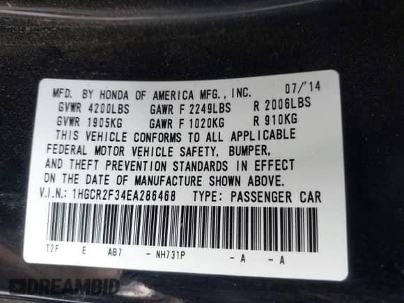 2014 Honda Accord LX with VIN 1HGCR2F34EA286468, listed as a IAAI auction lot 43417069 with 225,946 mi miles and . Bid and sale history available at DreamBid. Image 9.