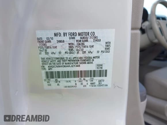 ✅ 2010 Mercury Mariner Premier • VIN: 4M2CN9HG6AKJ21345 • Lot: 41781411. Wystawiony na IAAI z przebiegiem 76 430 mil. Bezpłatny archiwum sprzedaży aukcyjnych z USA i szczegółowy raport historii pojazdu na DreamBid. Zdjęcie 9.